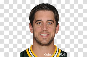 Aaron Rodgers in Green Bay Packers jersey, smiling headshot with transparent background.