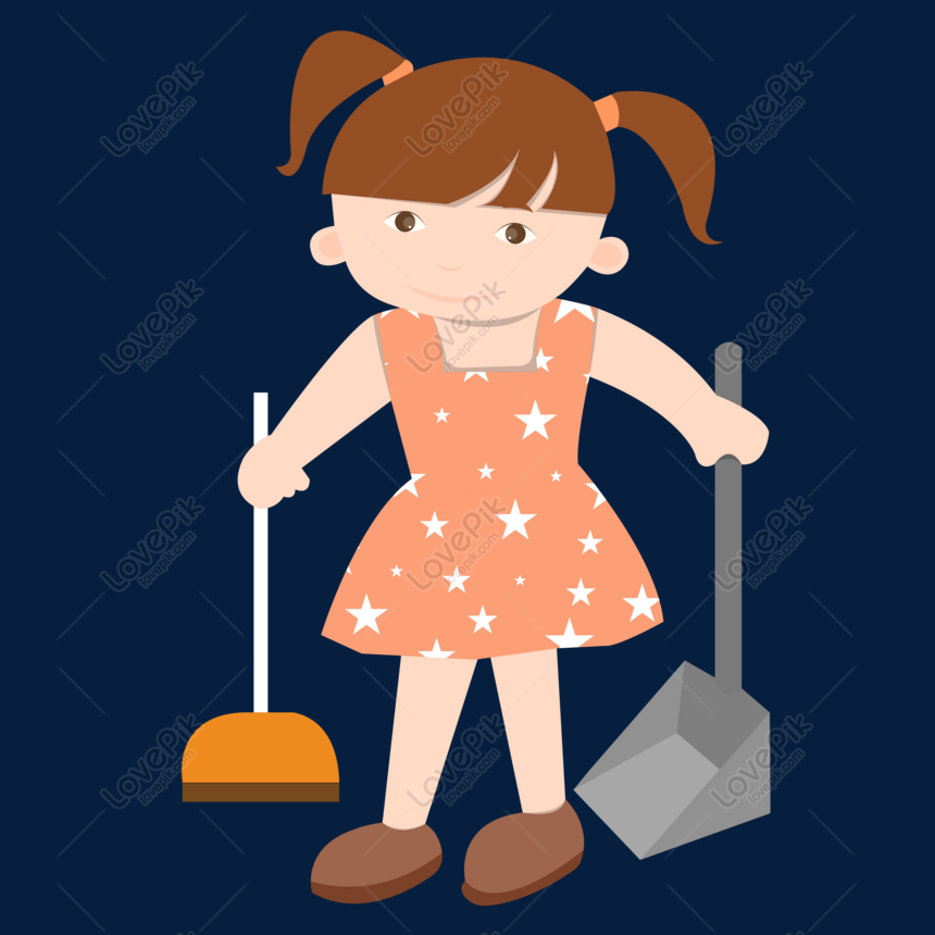 Cute Cartoon Girl Cleaning with Broom and Dustpan - Free Illustration