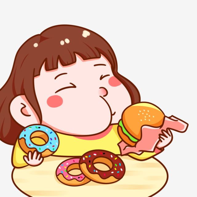 A cheerful cartoon girl enjoying a burger and colorful donuts with closed eyes and rosy cheeks.