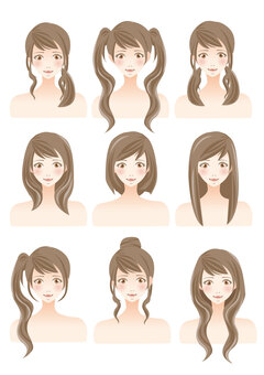 Nine illustrated female hairstyles including pigtails, buns, ponytails, and loose waves for beauty and haircare content.