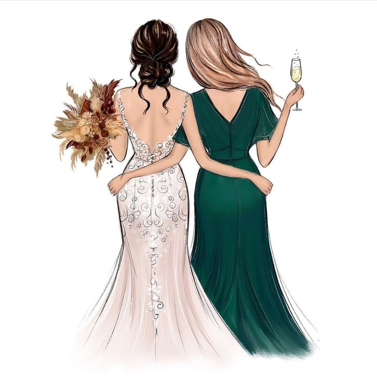 Bride in lace gown holding dried floral bouquet stands arm-in-arm with bridesmaid in emerald green dress holding champagne flute.