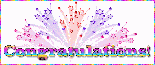 Colorful fireworks burst with stars and "Congratulations!" text in rainbow gradient.
