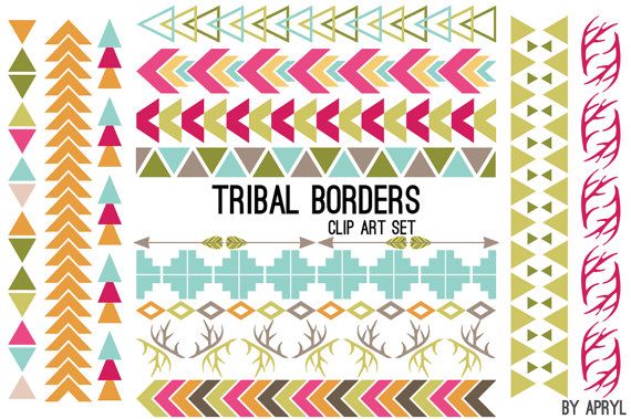 Colorful tribal border clip art set with geometric patterns, arrows, antlers, and feather motifs in pink, teal, olive, and orange.