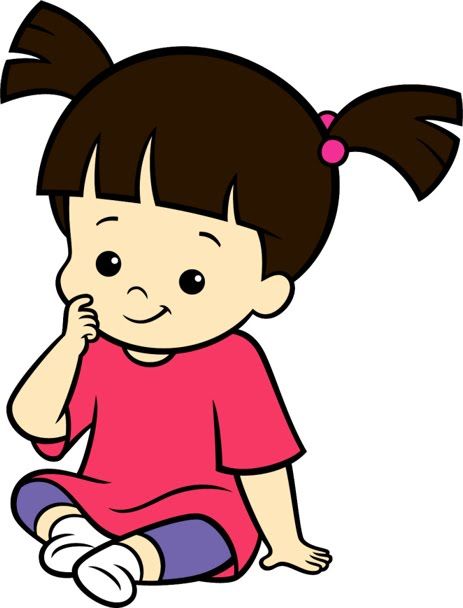 A smiling cartoon girl with brown pigtails, wearing a pink shirt and purple pants, sitting and thinking with her hand on her chin.