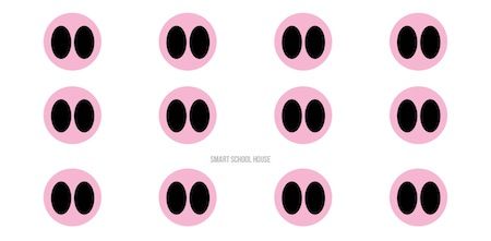 Twelve pink circles each containing two black oval shapes resembling stylized eyes or pig snouts, arranged in a 3x4 grid.