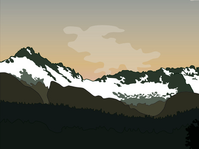 Snow-capped mountain range at dusk with layered ridges and soft clouds in a gradient sky.