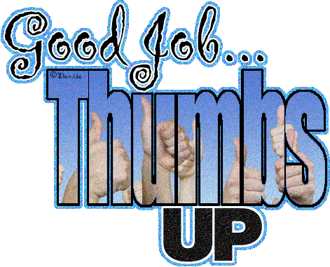 "Good job... Thumbs UP" graphic with multiple hands giving thumbs-up inside stylized blue text on white background.