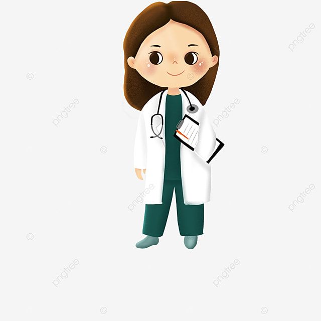 Friendly cartoon female doctor in white coat with stethoscope and clipboard, smiling warmly.