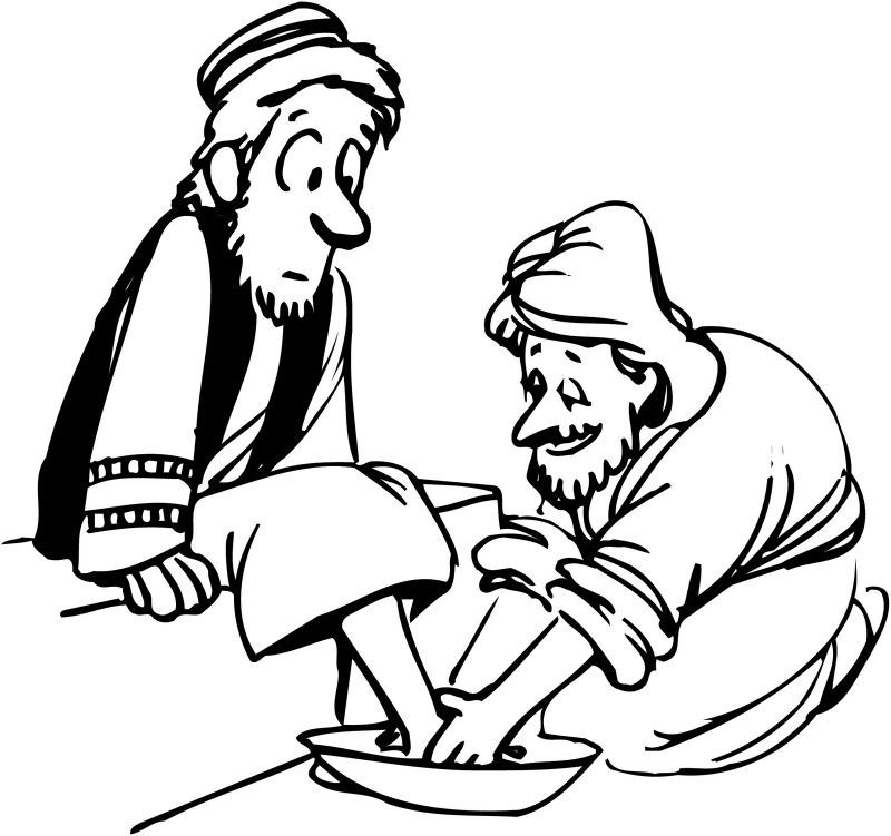 Jesus washing a disciple’s feet, illustrating humility and service in a biblical scene.