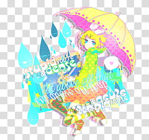 Anime girl with yellow umbrella and raindrops, colorful text overlays reading "stupid people don't dance" and "measure your steps"