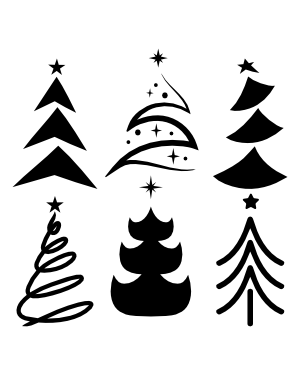 Six minimalist black-and-white Christmas tree icons in varied stylized designs, each topped with a star.