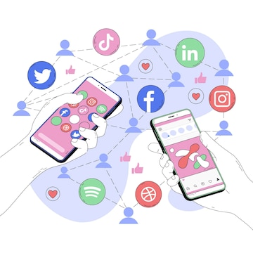 Two hands holding smartphones surrounded by social media icons (Facebook, Instagram, TikTok, LinkedIn, Twitter, Spotify) and connected user avatars.