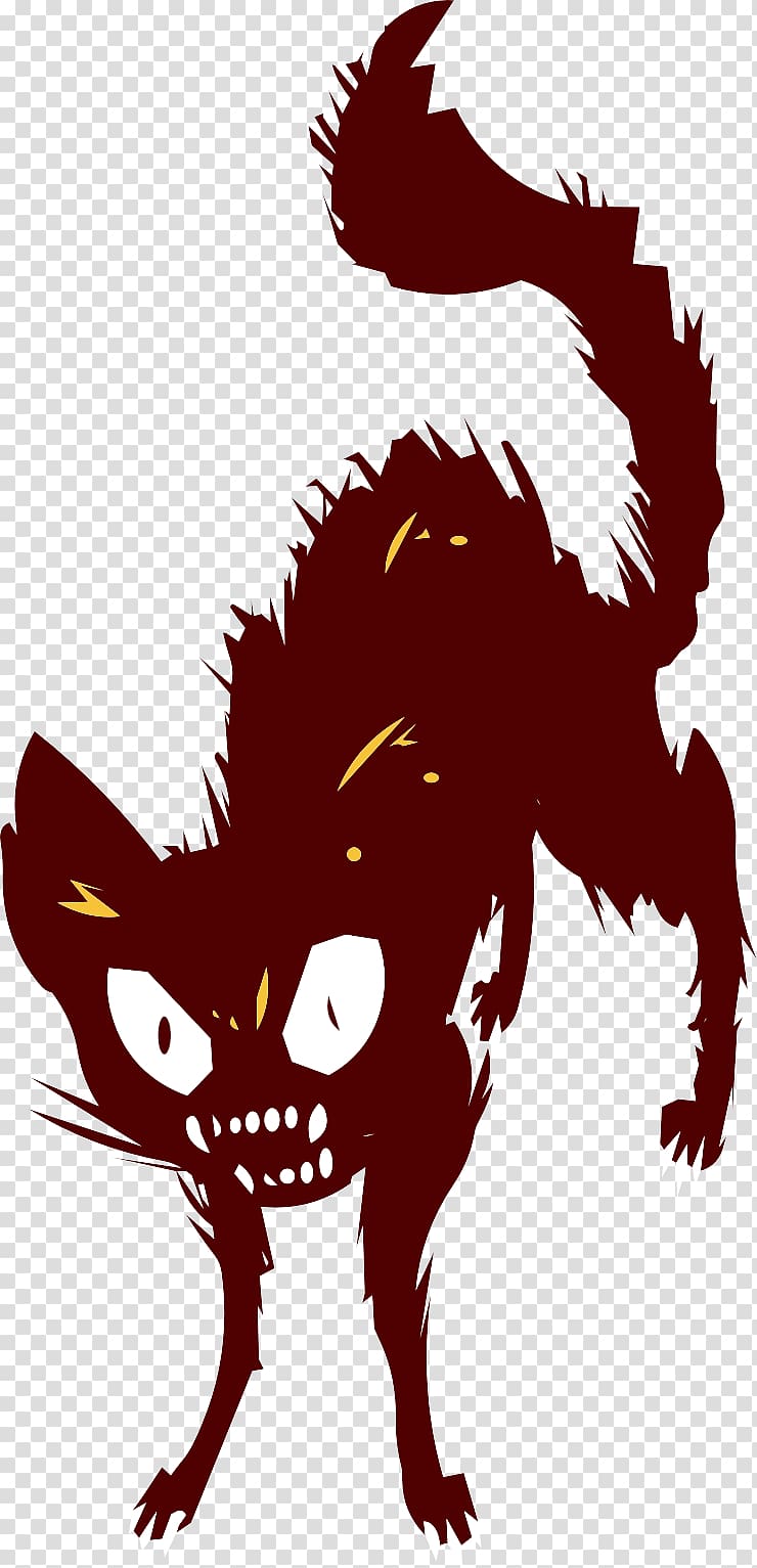Menacing dark red cartoon cat with glowing eyes, bared teeth, and arched back in a spooky pose.