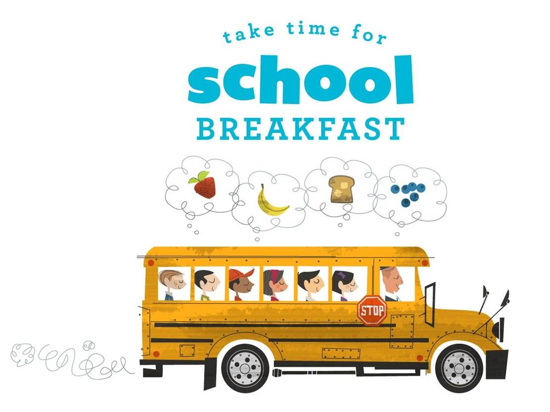 Yellow school bus with children dreaming of breakfast foods like strawberries, bananas, toast, and blueberries above them.
