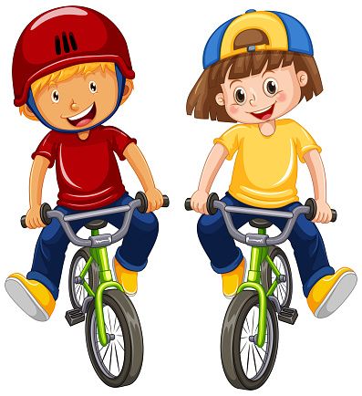Two smiling children riding green bicycles-one in a red helmet and shirt, the other in a yellow shirt and blue cap.