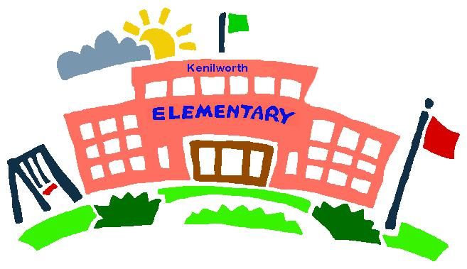 Colorful cartoon illustration of Kenilworth Elementary School with sun, flags, playground, and greenery.