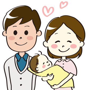 Smiling parents holding a newborn baby with heart icons above them.