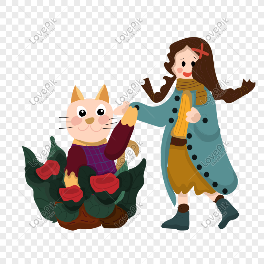 A cheerful girl in a teal coat and scarf holds hands with a smiling cat in a sweater, surrounded by red roses in a pot.