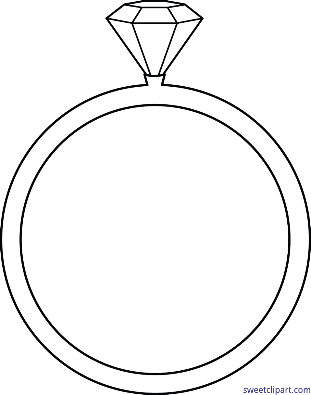 White line drawing of a classic solitaire diamond ring on black background.