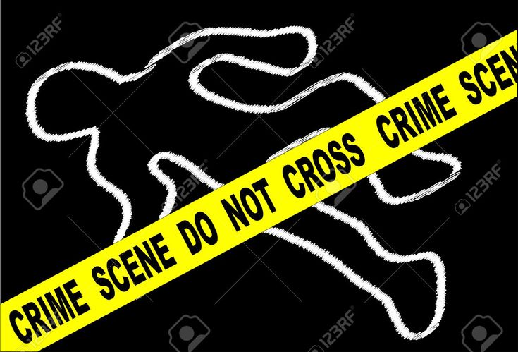Yellow "Crime Scene Do Not Cross" tape over a white chalk outline of a human body on black background.