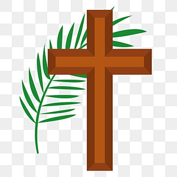 Wooden Christian cross with green palm frond on transparent background