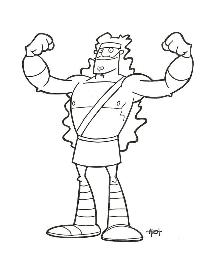 Cartoon muscular warrior with wild hair, headband, and striped leggings flexing both arms.