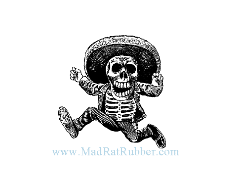 A cheerful skeleton in a sombrero and striped shirt, mid-jump with arms raised, in vintage black-and-white illustration style.