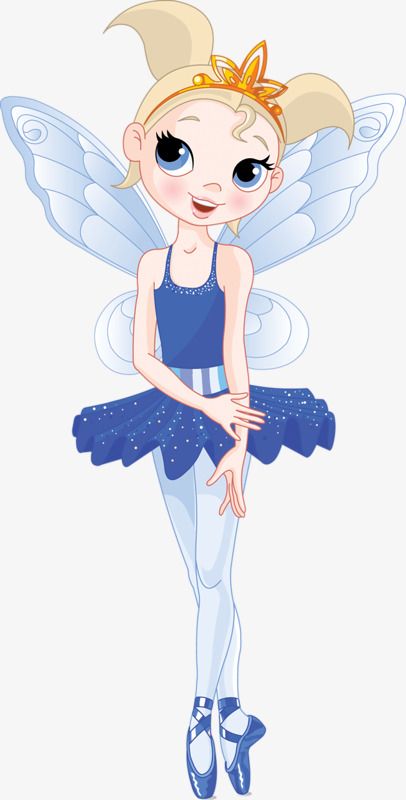 Charming cartoon fairy ballerina with blue tutu, wings, and ballet slippers, smiling sweetly.
