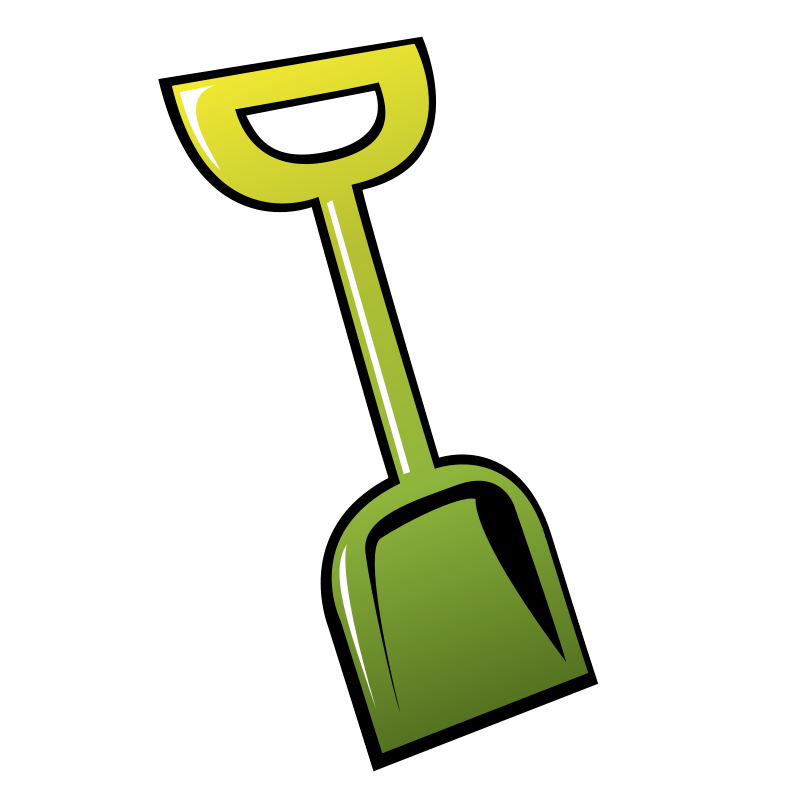 A stylized green and yellow shovel icon on a black background, with a D-shaped handle and broad scoop.