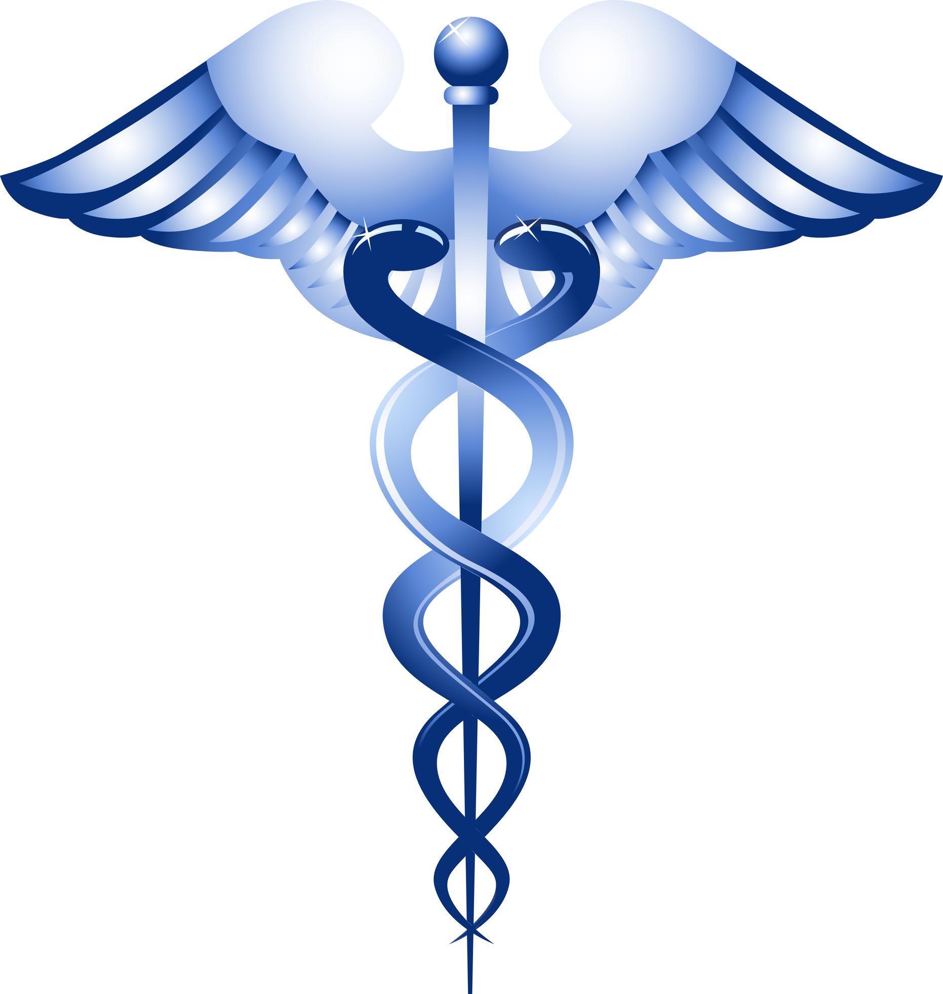 Blue caduceus medical symbol with wings, staff, and two intertwined snakes.