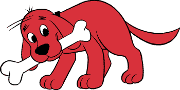 A cheerful red cartoon dog holding a white bone in its mouth, stylized with large eyes and a friendly expression.
