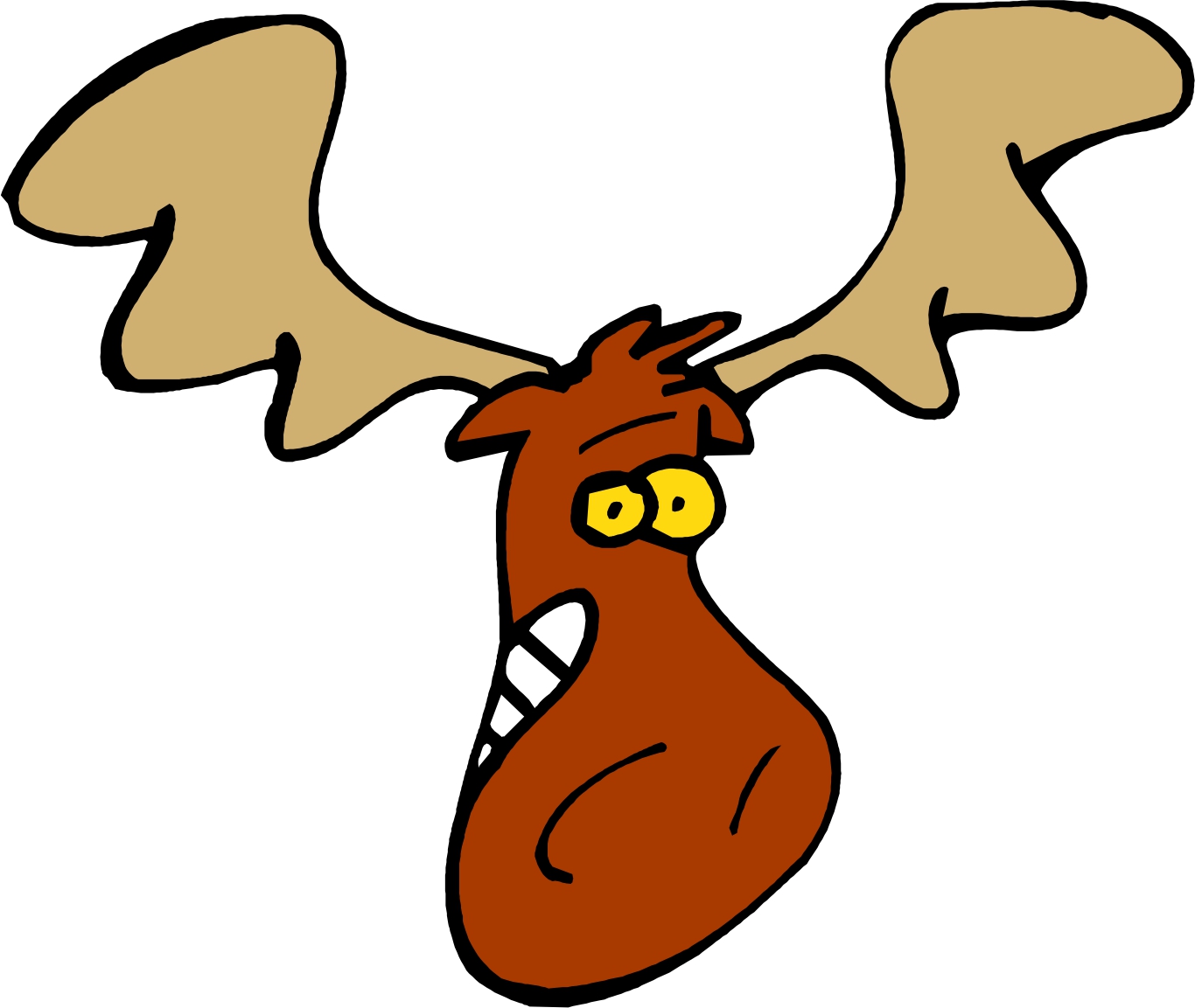 Cartoon moose head with large antlers, wide yellow eyes, and a goofy grin.