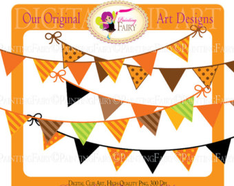 Festive Halloween bunting banner with orange, black, brown, and green triangular flags, decorative bows, and a digital clip art watermark.
