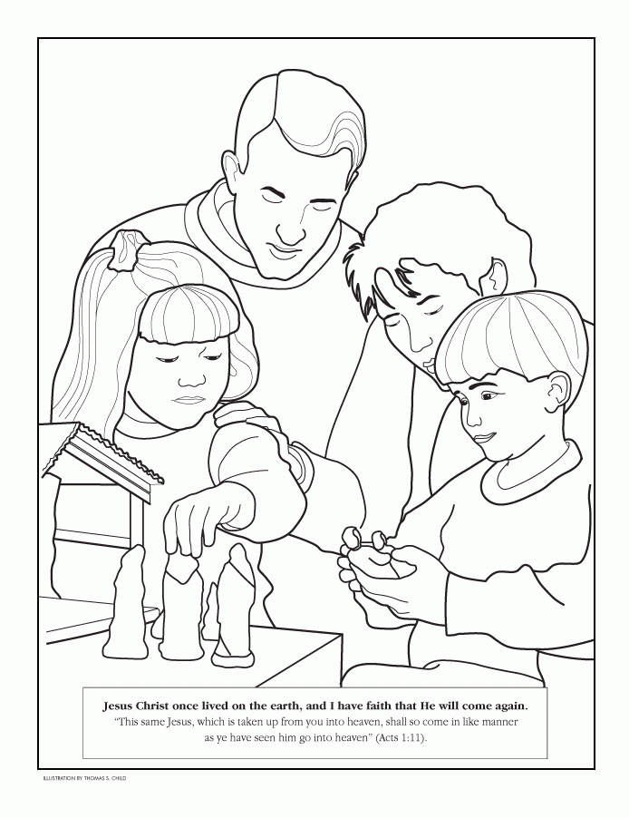 A father and three children gather around a nativity scene, placing figurines with reverence; illustration by Thomas S. Child.