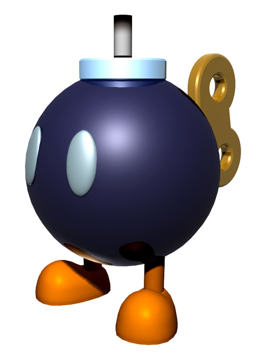 A cartoonish blue Bob-omb character with white eyes, orange feet, and a golden wind-up key on its side.