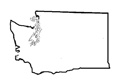 Black-and-white outline map of Washington state, highlighting the Puget Sound region and Olympic Peninsula.