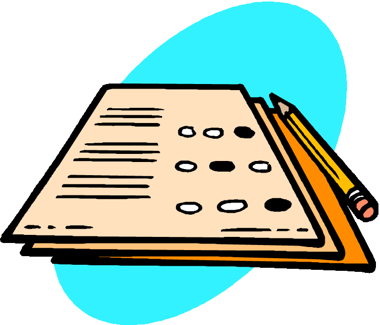 Stack of test papers with multiple-choice bubbles and a yellow pencil on a blue background.
