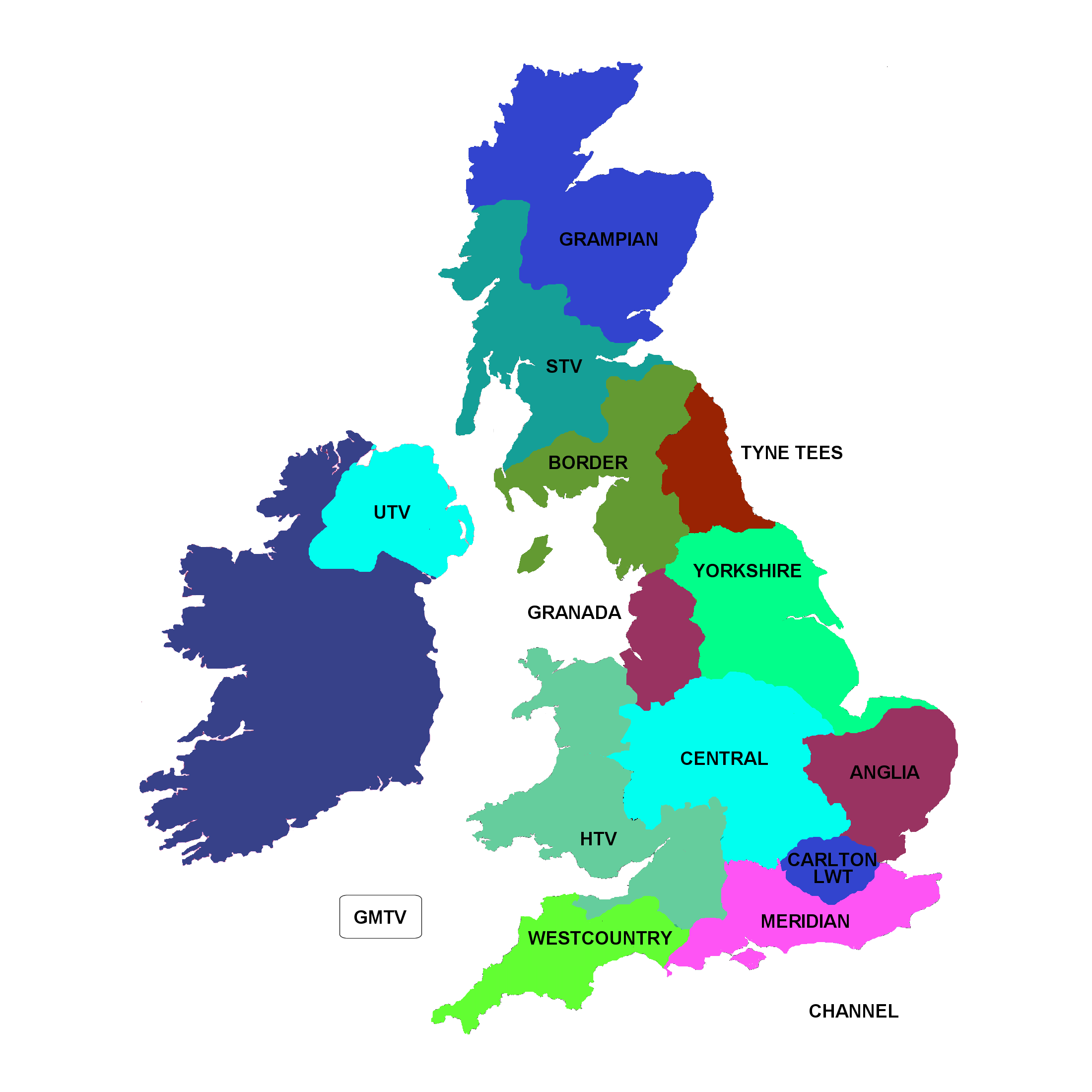Color-coded map of the United Kingdom and Ireland divided into 15 regional broadcasting areas with labeled zones.