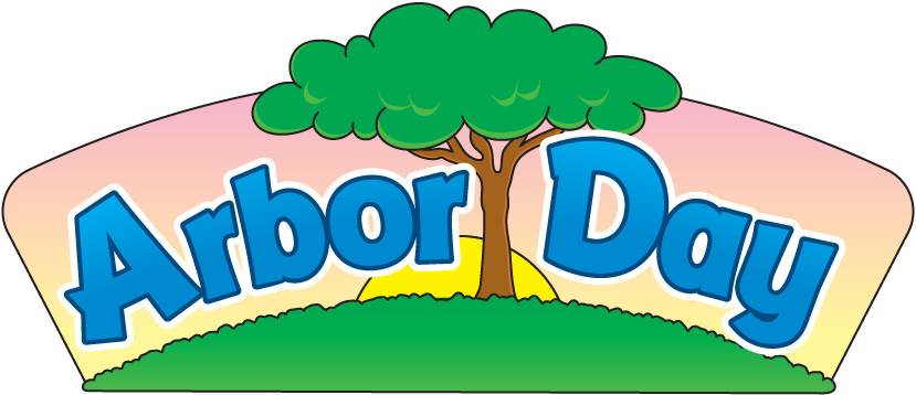 Colorful "Arbor Day" logo featuring a green tree on a hill with sunrise background and bold blue text.