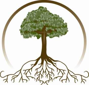 Stylized green tree with visible roots inside a circular frame, symbolizing growth, stability, and connection to nature.