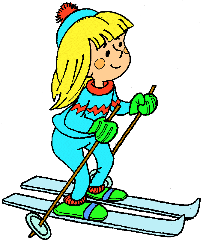 A cheerful cartoon girl with blonde hair skiing in a blue outfit, green gloves, and red pom-pom hat.