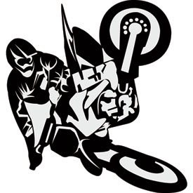 Stylized black-and-white silhouette of a motorcyclist leaning into a turn with aggressive motion lines and a circular speedometer motif.