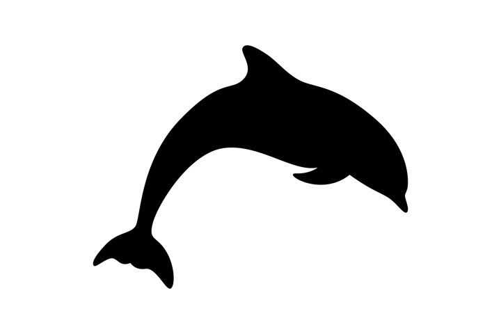 Black silhouette of a dolphin leaping in mid-air against a white background.
