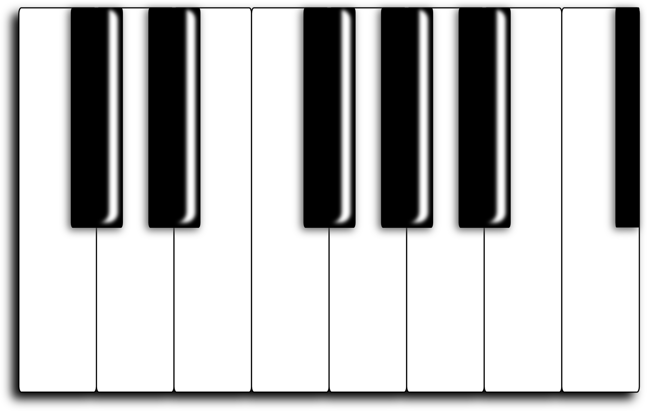 Close-up of piano keyboard with black and white keys, glossy finish, showing standard layout.