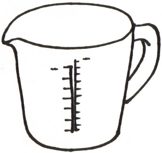 Simple line drawing of a measuring cup with graduated markings and handle.
