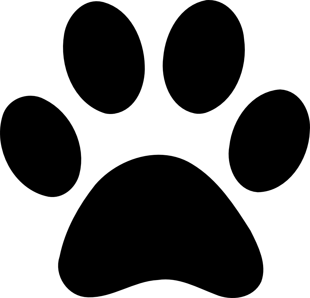 Black silhouette of a canine or feline paw print with four toe pads and one large metacarpal pad on white background.