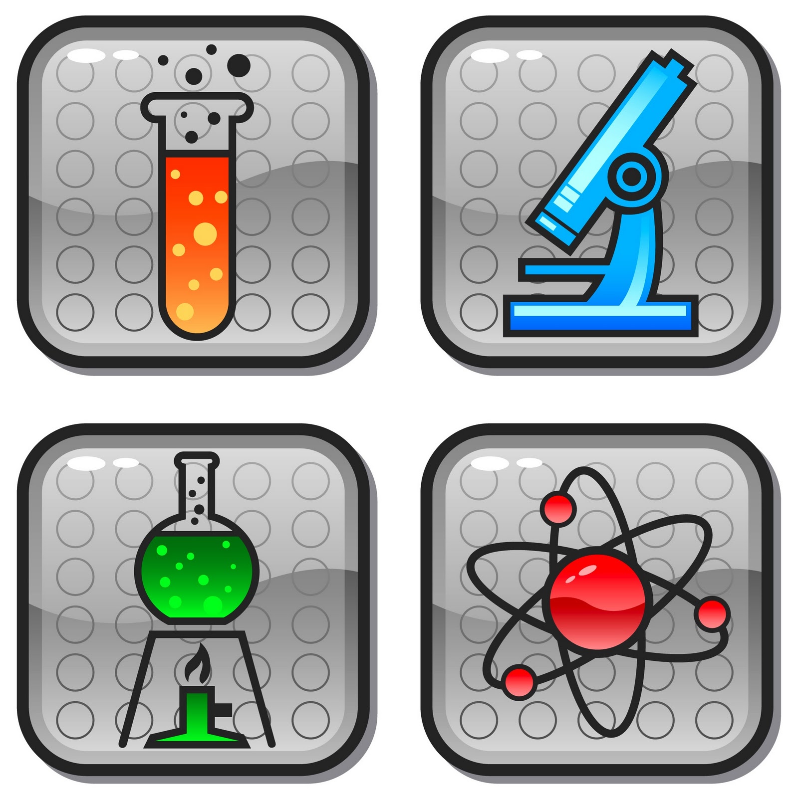 Four science icons: test tube with bubbling liquid, microscope, flask over Bunsen burner, and atomic model.