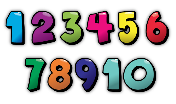 Colorful cartoon-style numbers 1 through 10 arranged in two rows on a white background.