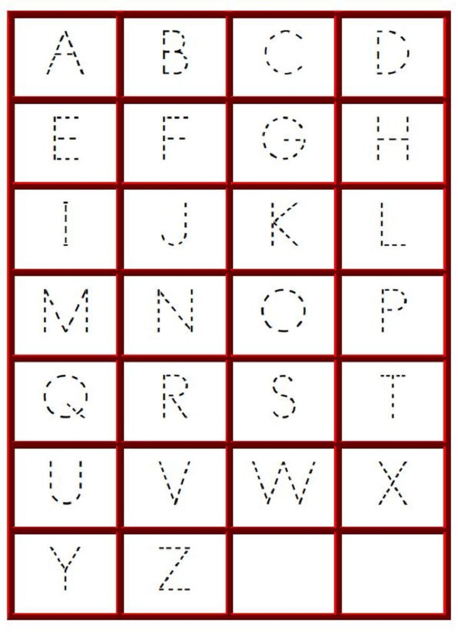 Dotted uppercase alphabet tracing worksheet for early literacy practice, A-Z in grid format with red borders.