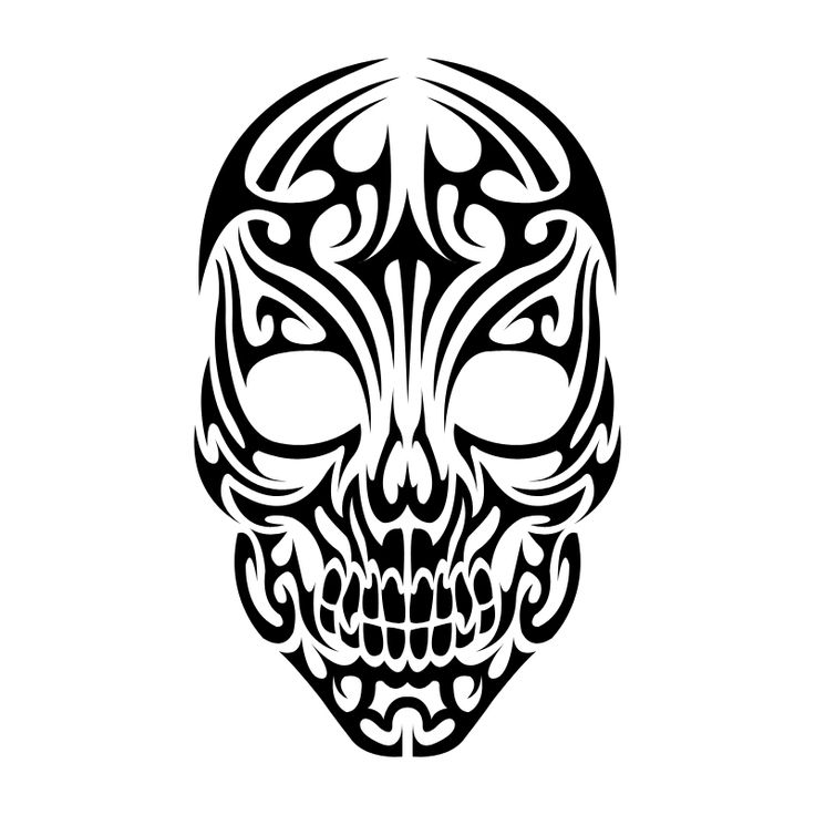 Tribal-style black and white skull illustration with intricate flowing patterns and symmetrical design.